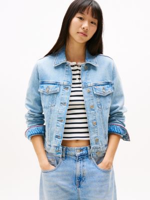 blue regular fit truckerjack van faded denim voor dames - tommy jeans