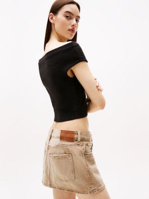 brown contrast stitch denim mini skirt for women tommy jeans