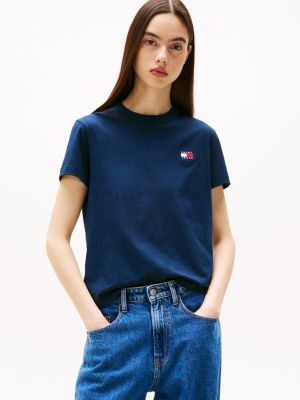t-shirt tommy badge à col ras-du-cou bleu pour femmes tommy jeans