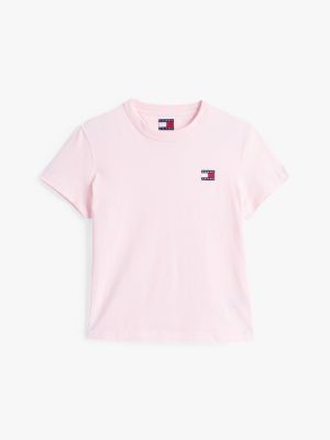 roze t-shirt met ronde hals en tommy-badge voor dames - tommy jeans