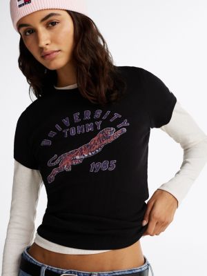 t-shirt ajusté et côtelé à logo noir pour femmes tommy jeans
