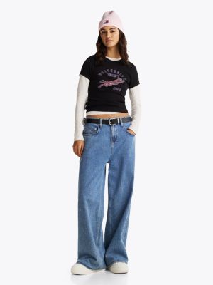 t-shirt ajusté et côtelé à logo noir pour femmes tommy jeans