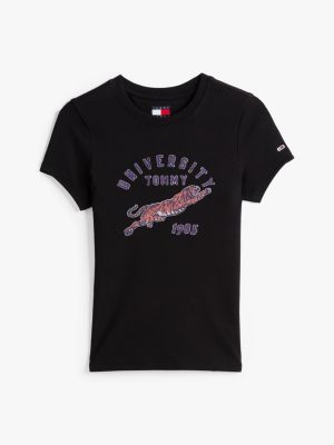 t-shirt ajusté et côtelé à logo noir pour femmes tommy jeans
