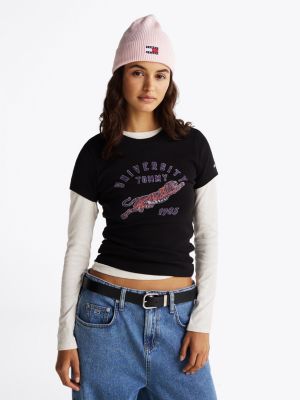 black geribd slim fit t-shirt met logo voor dames - tommy jeans