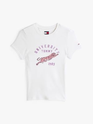 t-shirt slim fit a coste con logo bianco da donne tommy jeans