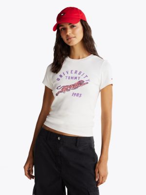 t-shirt slim fit a coste con logo white da donne tommy jeans