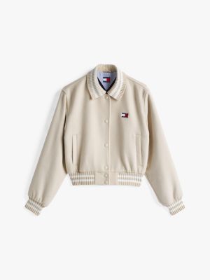 beige varsity cropped bomber jacket for women tommy jeans