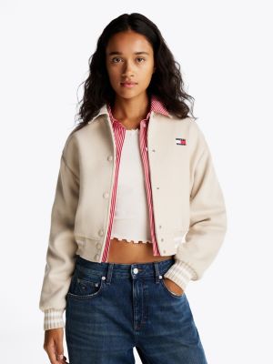 beige varsity cropped bomber jacket for women tommy jeans