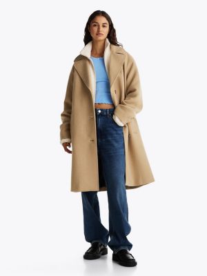 manteau droit en laine mélangée beige pour femmes tommy jeans