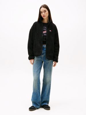 felpa in sherpa con zip integrale nero da donne tommy jeans