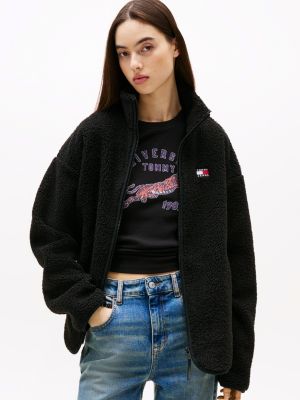 felpa in sherpa con zip integrale nero da donne tommy jeans