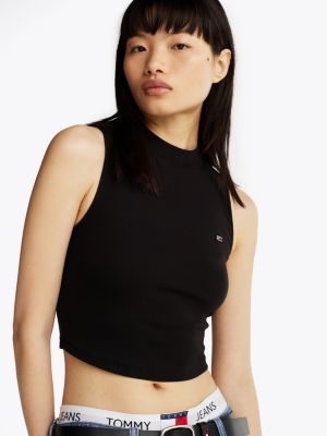 czarny krótki top bez rękawów i z półgolfem dla kobiety - tommy jeans