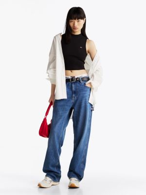 czarny krótki top bez rękawów i z półgolfem dla kobiety - tommy jeans