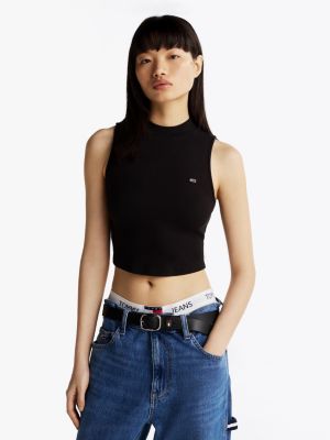 black slim fit cropped tanktop met opstaande kraag voor dames - tommy jeans