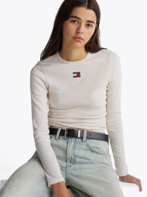 beige slim long sleeve t-shirt for women tommy jeans