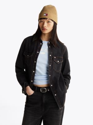 black regular fit western denim shirt for women tommy jeans