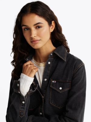 zwart western mini-overhemdjurk van denim voor dames - tommy jeans