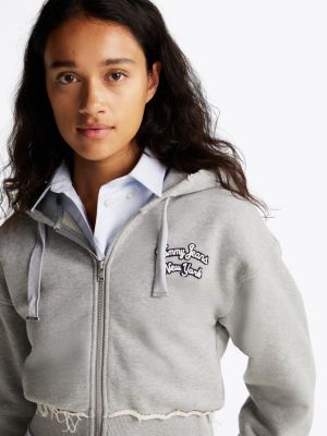 grau sweatshirt mit rücken-logo und reißverschluss für damen - tommy jeans