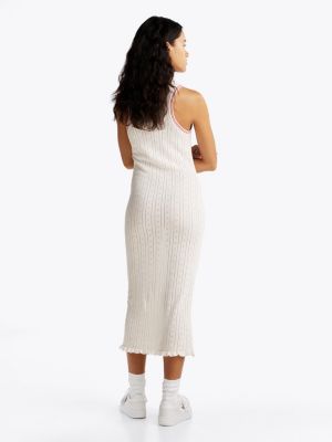 beige pointelle slim maxi knit dress for women tommy jeans