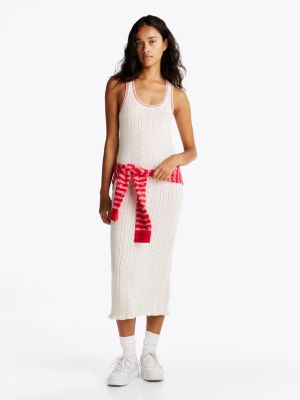 beige pointelle slim maxi knit dress for women tommy jeans