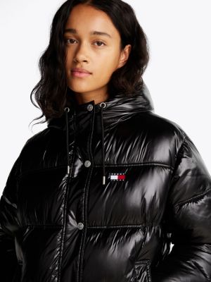 schwarz glänzende puffer-jacke mit kapuze für damen - tommy jeans