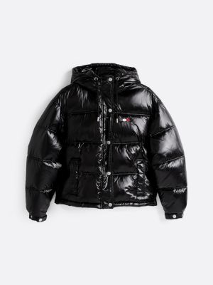 black shiny hooded puffer jacket for women tommy jeans