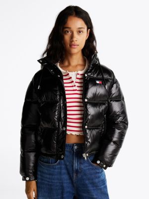 black glanzend pufferjack met capuchon voor dames - tommy jeans