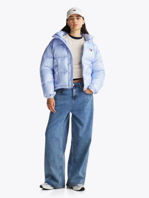 blue shiny hooded puffer jacket for women tommy jeans