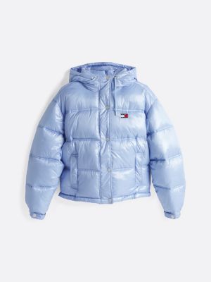 blau glänzende puffer-jacke mit kapuze für damen - tommy jeans