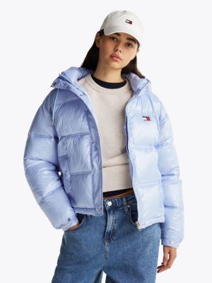 blue shiny hooded puffer jacket for women tommy jeans