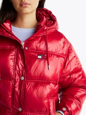 rot glänzende puffer-jacke mit kapuze für damen - tommy jeans