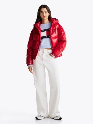 rot glänzende puffer-jacke mit kapuze für damen - tommy jeans