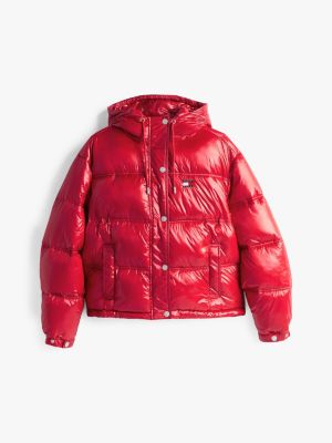 rot glänzende puffer-jacke mit kapuze für damen - tommy jeans