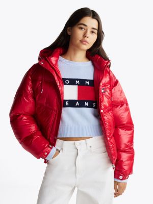 red glanzend pufferjack met capuchon voor dames - tommy jeans