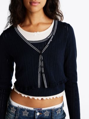 blue cropped slim pointelle cardigan for women tommy jeans