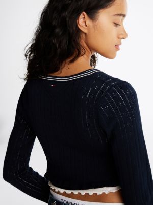 cárdigan de corte slim con motivo pointelle azul de mujeres tommy jeans