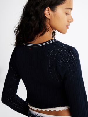 blue cropped slim pointelle cardigan for women tommy jeans