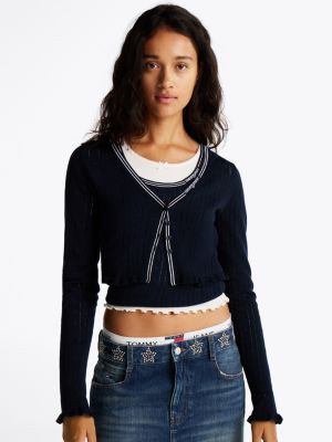 blue cropped slim pointelle cardigan for women tommy jeans