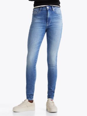 blau sylvia skinny jeans mit hohem bund für damen - tommy jeans