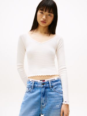 camiseta de manga larga con logo bordado blanco de mujeres tommy jeans