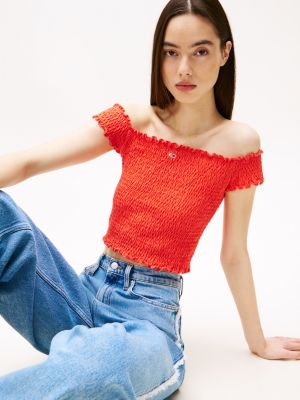 top de corte slim con diseño fruncido naranja de mujeres tommy jeans