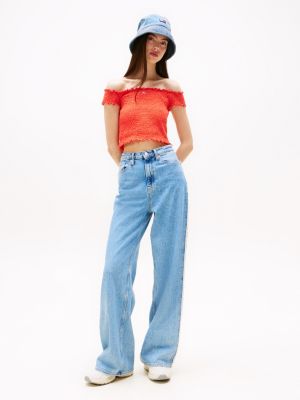 top de corte slim con diseño fruncido naranja de mujeres tommy jeans