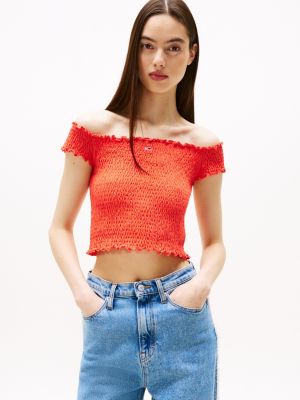 red slim smock crop top for women tommy jeans