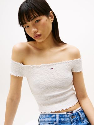 crop top ajusté smocké blanc pour femmes tommy jeans