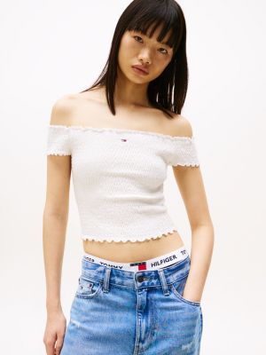 top crop slim fit con motivo a nido d'ape white da donne tommy jeans