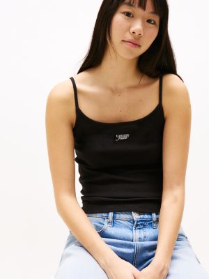 black ribbed slim spaghetti strap top for women tommy jeans