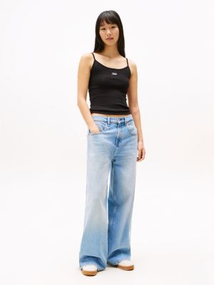 black ribbed slim spaghetti strap top for women tommy jeans