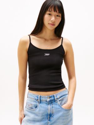 black geripptes slim fit top mit spaghettiträgern für damen - tommy jeans