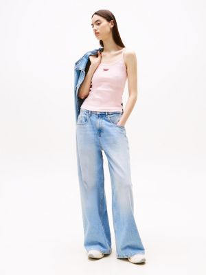 pink ribbed slim spaghetti strap top for women tommy jeans