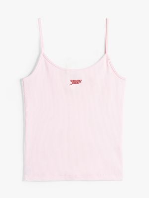 pink ribbed slim spaghetti strap top for women tommy jeans